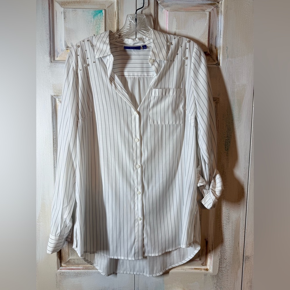 Apt. 9 White Striped Button-Up Blouse with Pearls and beaded accents